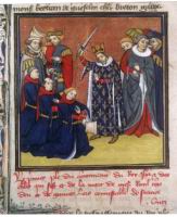 Grandes Chroniques de France, Francais 73, fol. 386, Jean II le Bon adoubant des chevaliers